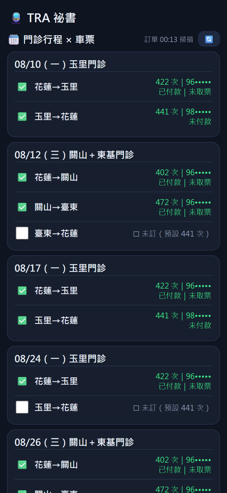 門診行程與車票對帳:每個門診日下列出去程回程,已訂的顯示車次與付款狀態,沒訂的是空的勾選框